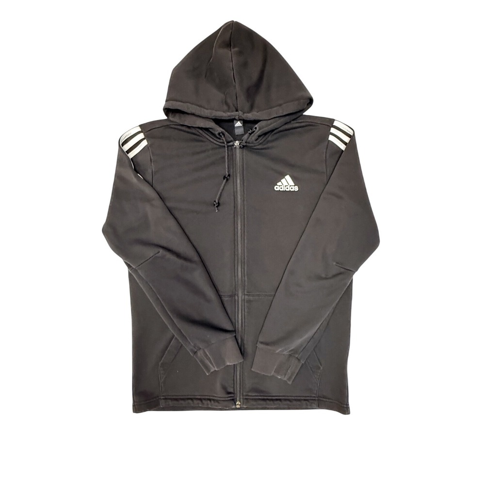 Adidas Mens Full Zip Hoodie Black White 3 Stripe Athletic Sweatshirt Size M